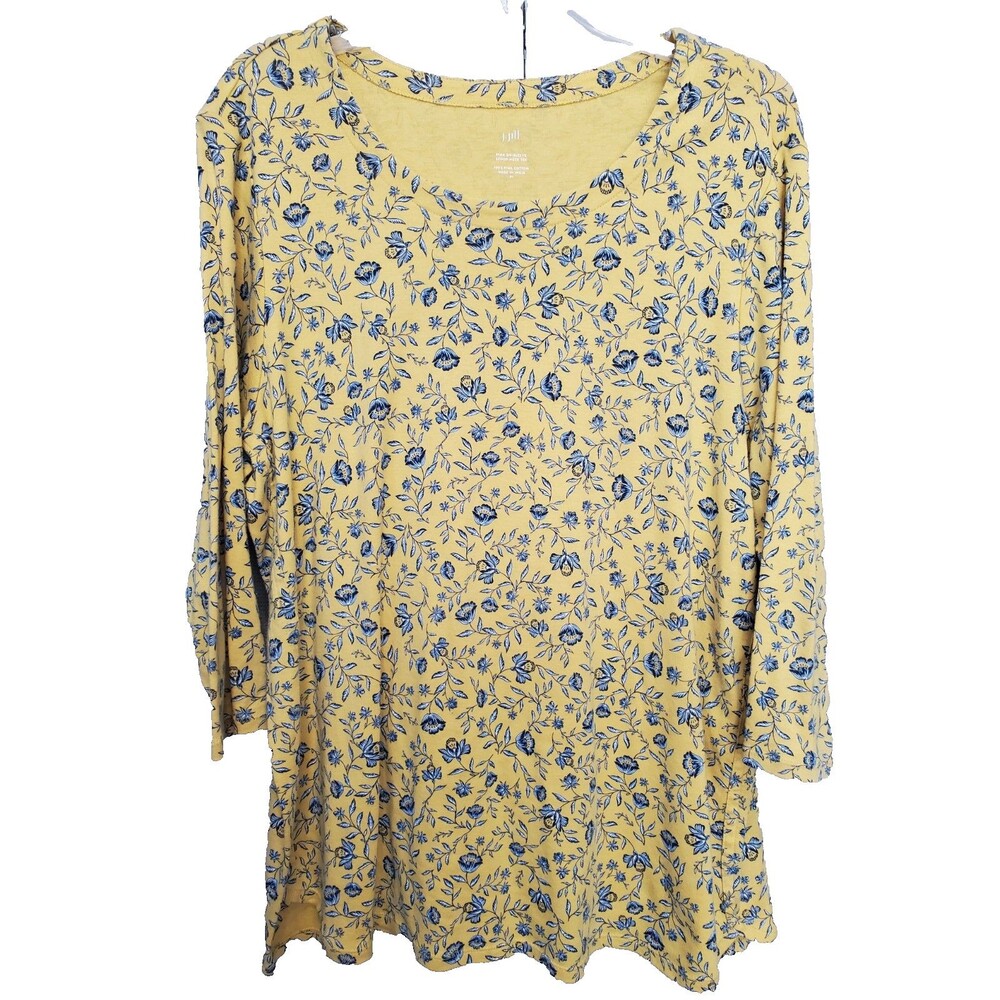 J. Jill Yellow Floral Pima Cotton 3/4 Sleeve Scoop Neck Tee Size XL